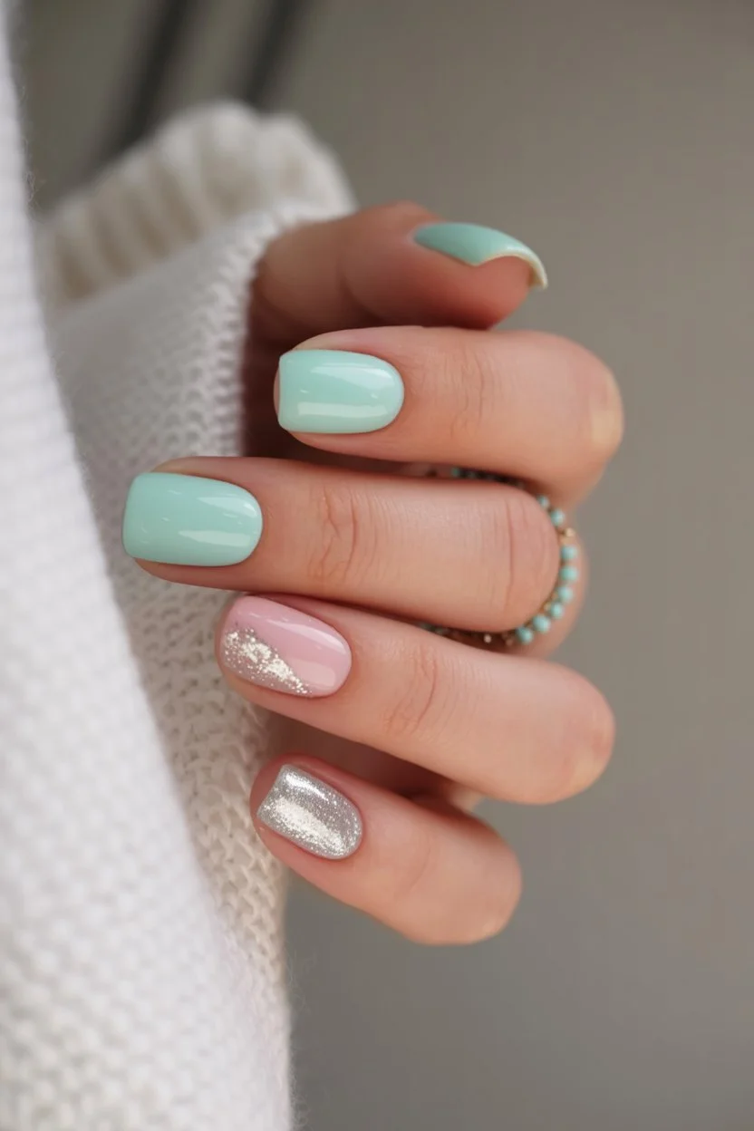 summer short nails ideas 2026 Mint Green And Silver Accent Nails For Fresh Summer Style