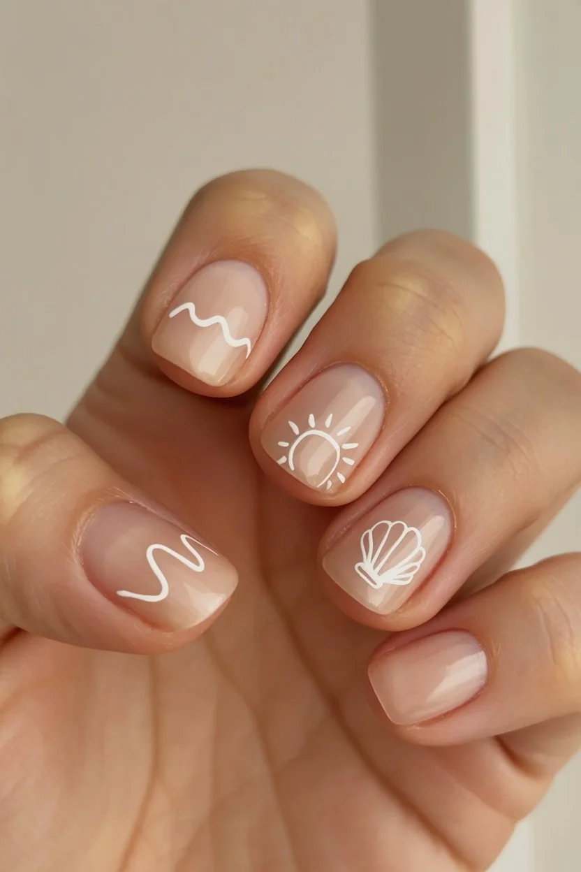 summer short nails ideas 2026 Minimal Beach Inspired White Line Art Nails