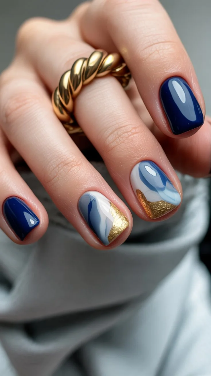 summer short nails ideas 2026 Dark Blue Marble Nails With Gold Foil Details