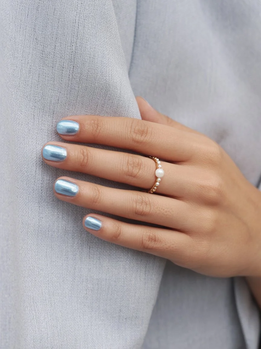 summer short nails ideas 2026 Chrome Blue Nails With Liquid Metallic Shine