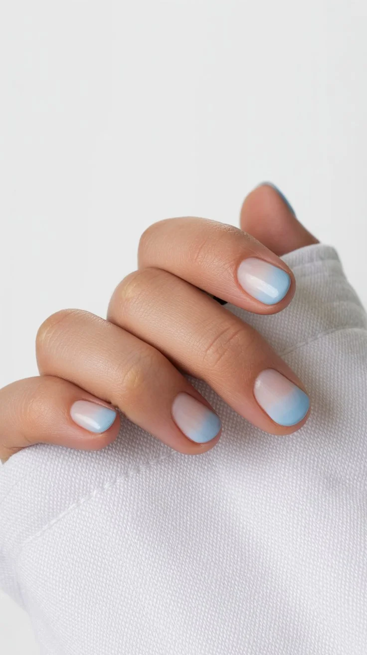summer short nails ideas 2026 Soft Blue Airbrush Ombre Nails