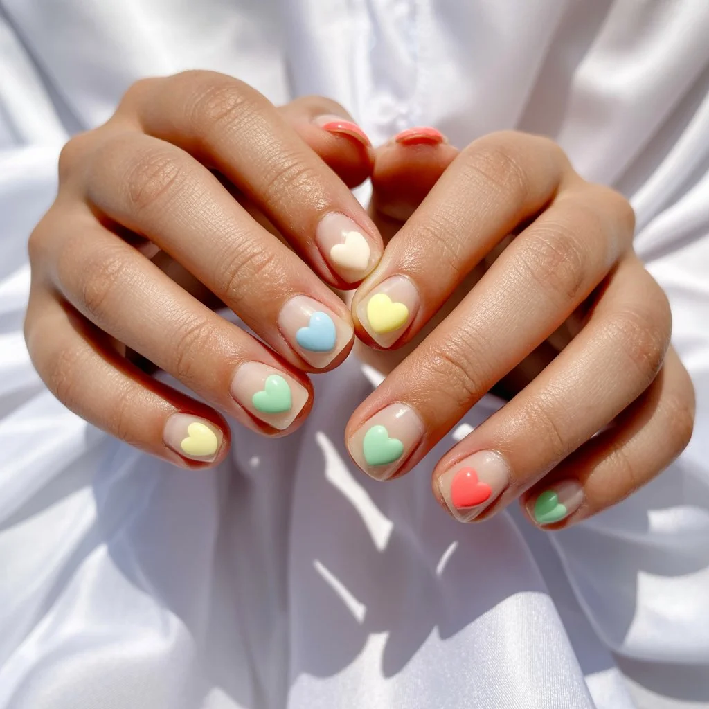 summer short nails ideas 2026 Pastel Heart Nails With Playful Colorful Details