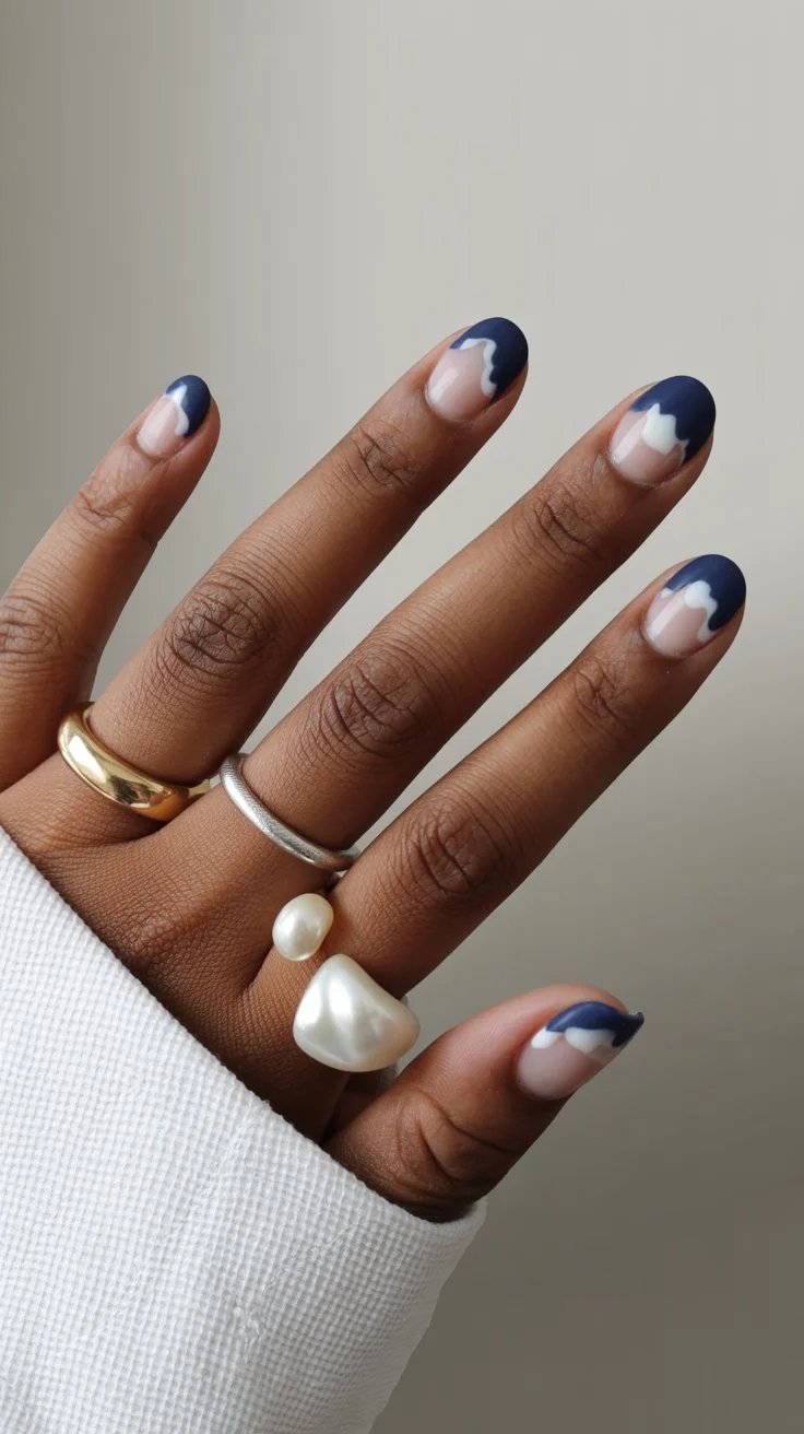 summer short nails ideas 2026 Navy Blue Abstract French Tips With Modern Curves