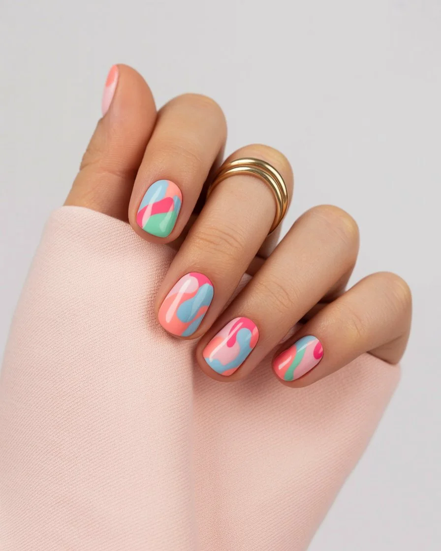 summer short nails ideas 2026 Colorful Abstract Waves For Playful Summer Moods