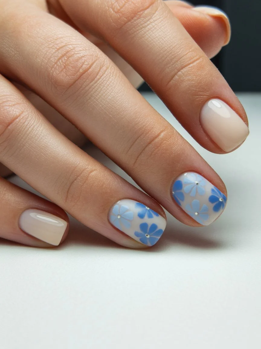 summer short nails ideas 2026 Soft White Nails With Blue Floral Details