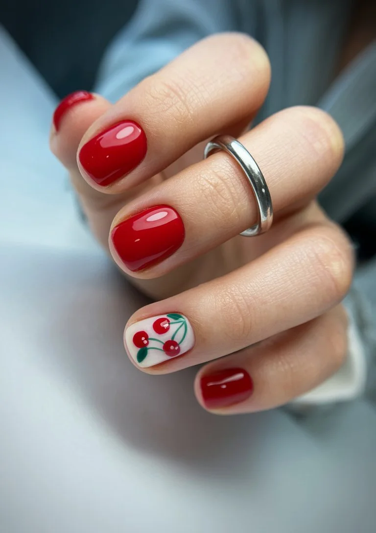 summer short nails ideas 2026 Cherry Red Nails With Minimal Fruit Art