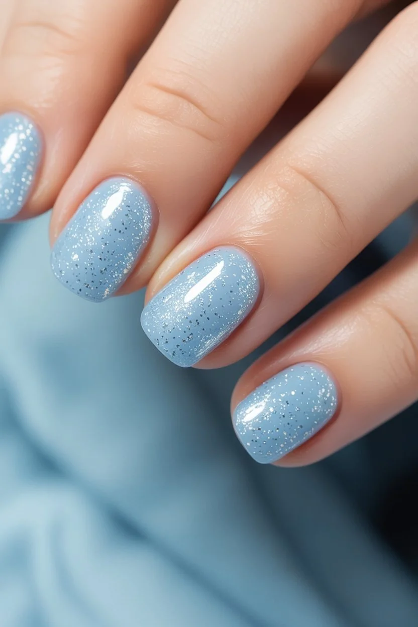 summer short nails ideas 2026 Soft Blue Glitter Nails For Calm Summer Evenings