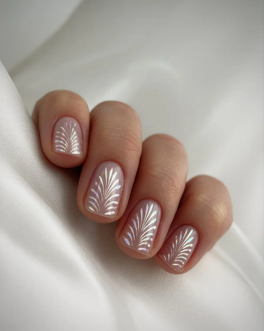 summer short nails ideas 2026 Minimal Pearl Leaf Nail Art With Clean Glossy Base