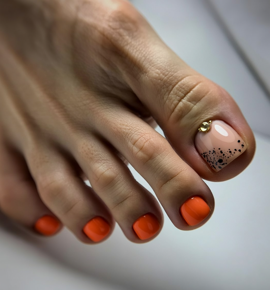 summer toe nails colors 2026 Bright Tangerine Pedicure With Modern Speckled Accent
