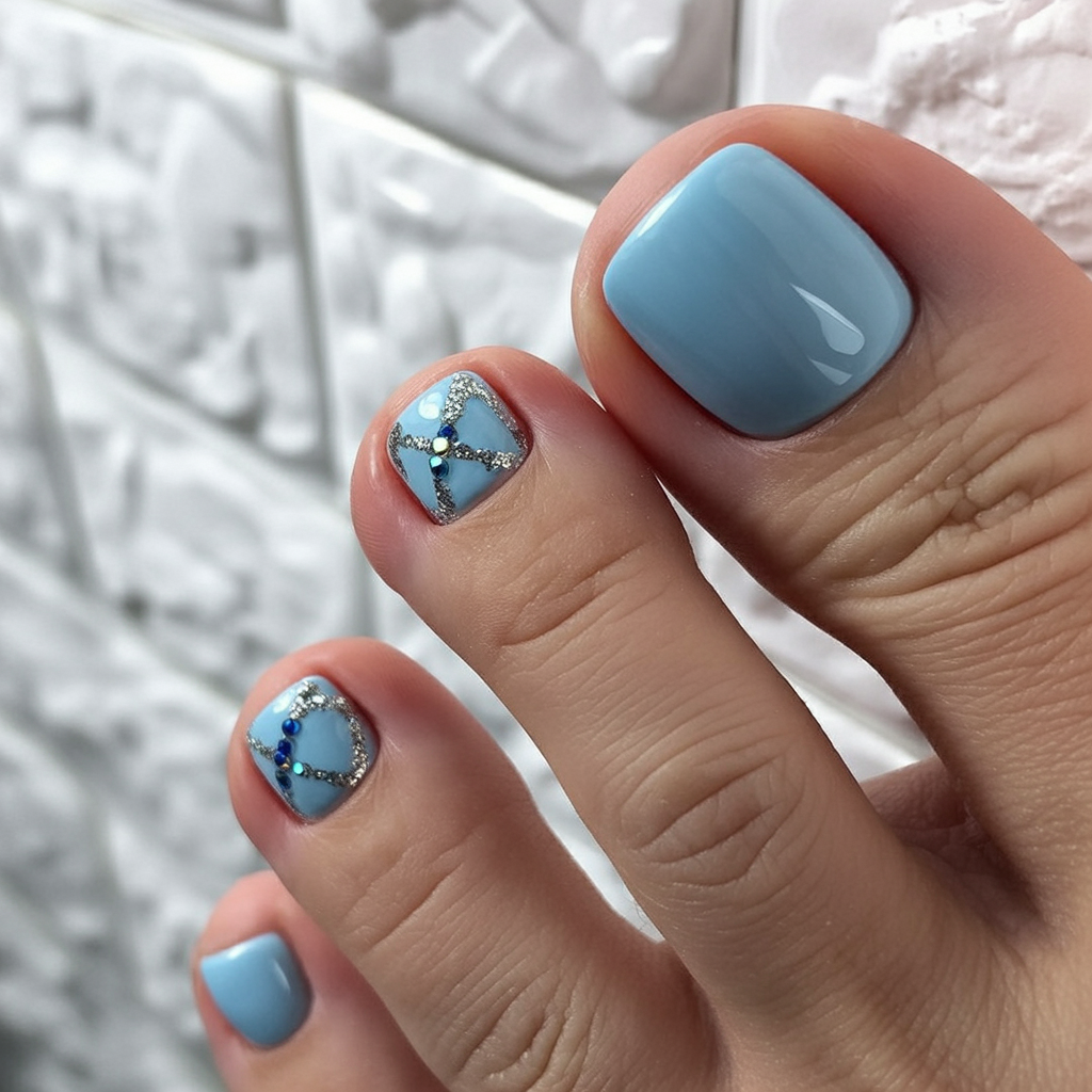 summer toe nails colors 2026 Baby Blue Pedicure With Tiny Crystal Cross Details