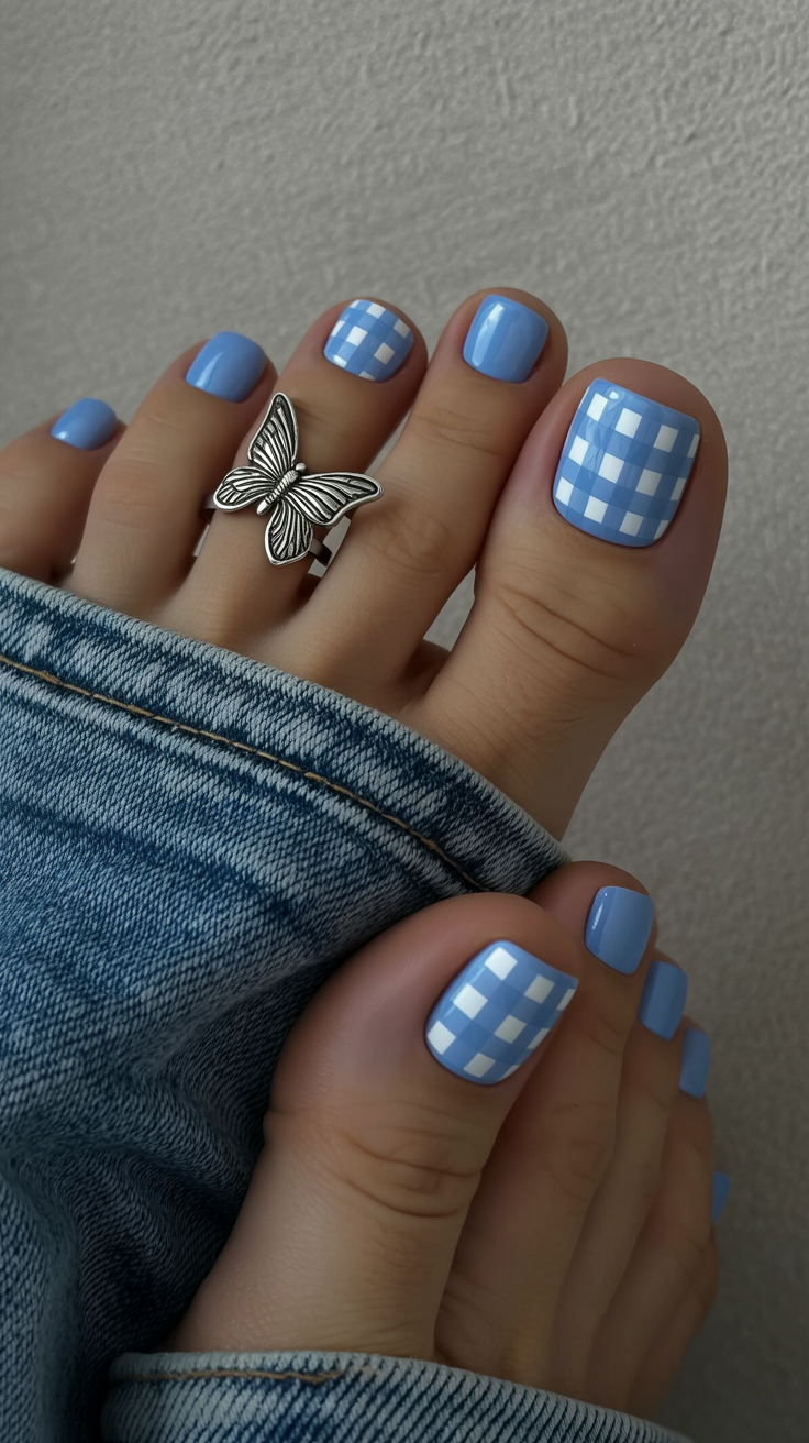 summer toe nails colors 2026 Baby Blue Gingham Pedicure With Retro Summer Charm