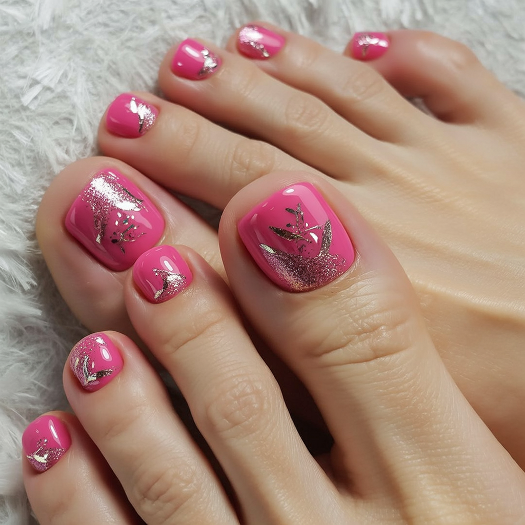 summer toe nails colors 2026 Glossy Hot Pink Pedicure With Silver Botanical Details
