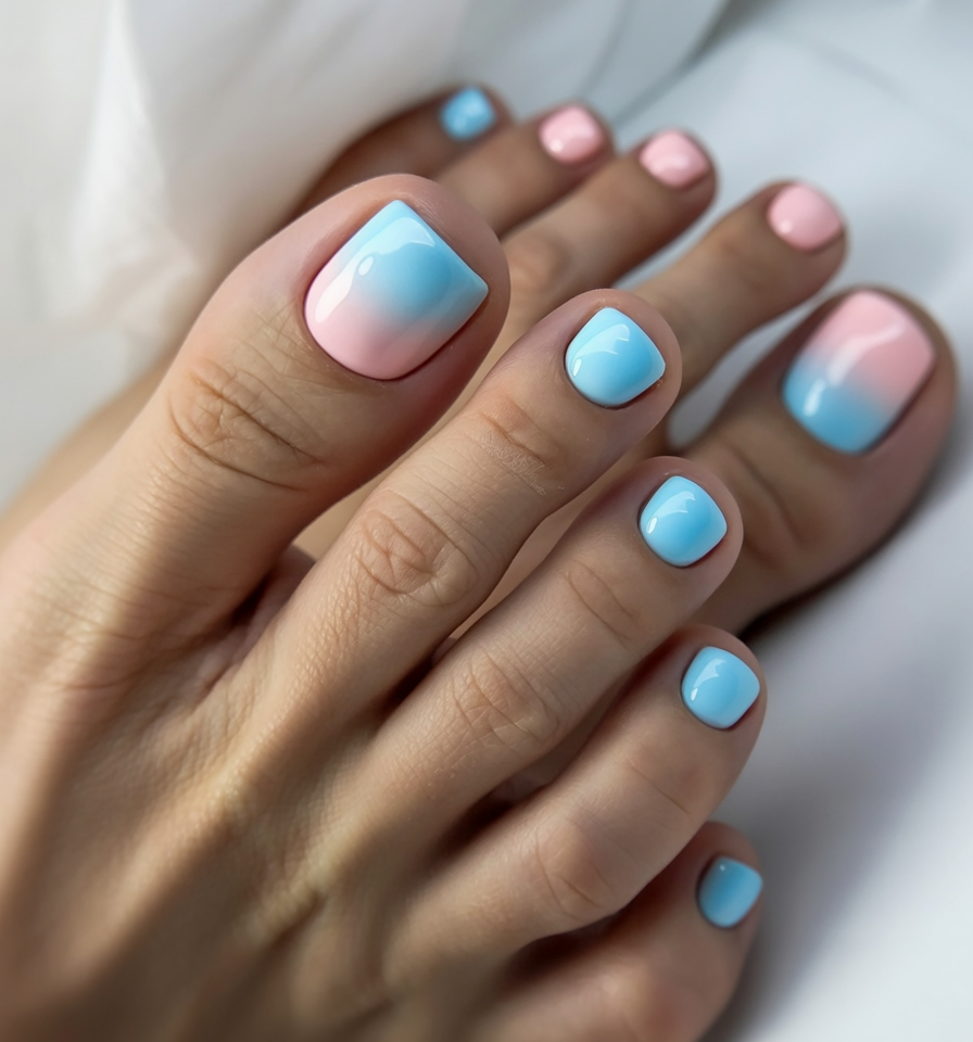 summer toe nails colors 2026 Pastel Blue And Pink Ombre That Feels Like Cotton Candy Skies