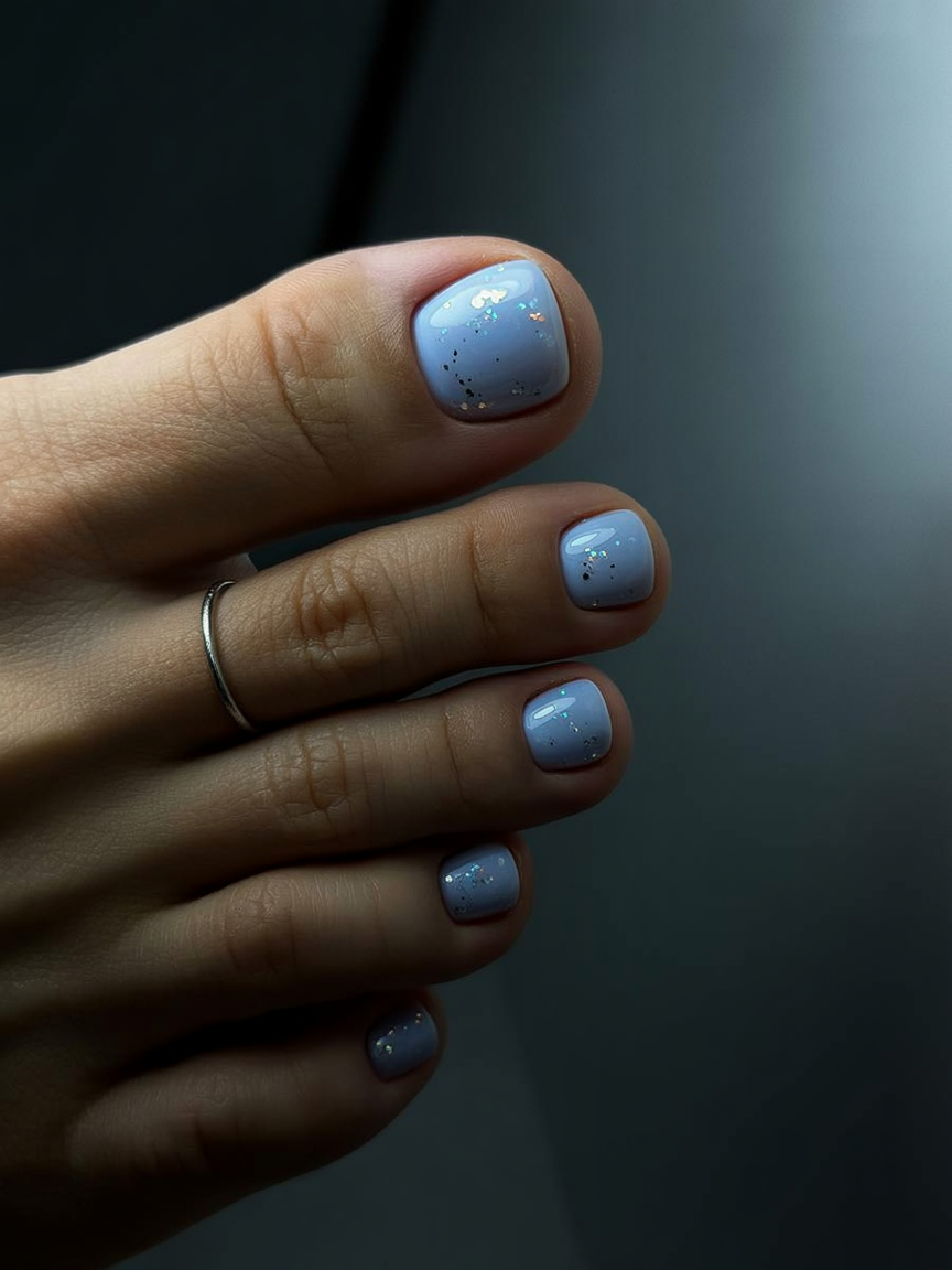 summer toe nails colors 2026 Lavender Shimmer Pedicure With Tiny Glitter Dusting