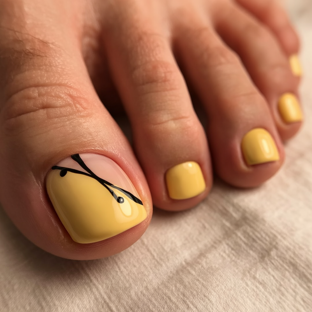 summer toe nails colors 2026 Butter Yellow Pedicure With Minimal Black Art
