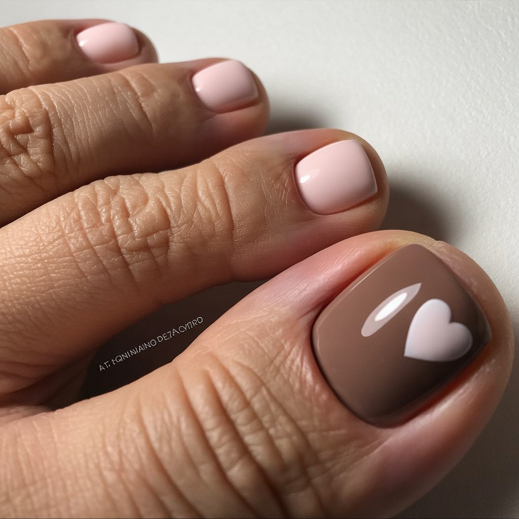 summer toe nails colors 2026 Chocolate Brown And Blush Pink Pedicure With Tiny Heart Accent