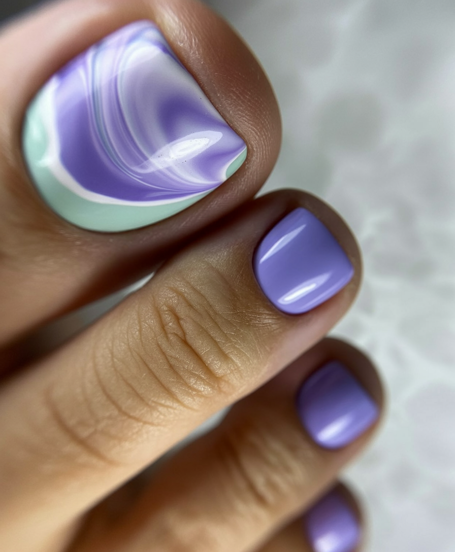summer toe nails colors 2026 Lavender Marble Pedicure With Dreamy Swirl Details