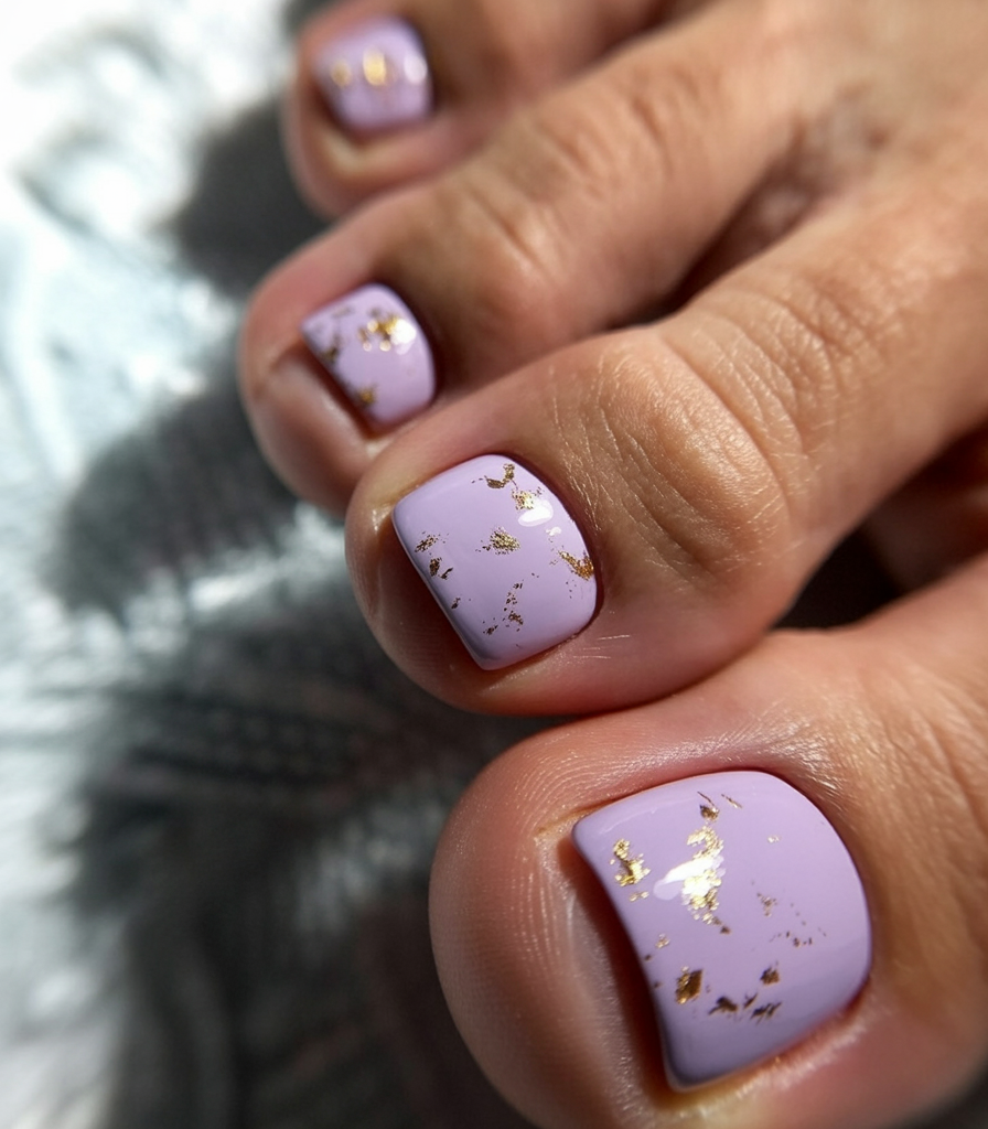 summer toe nails colors 2026 Lavender Gold Foil Pedicure For Soft Glam Summer Nights