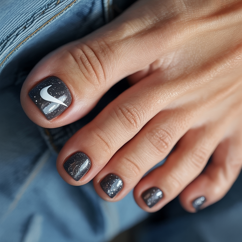 summer toe nails colors 2026 Midnight Galaxy Pedicure With Tiny Cosmic Details