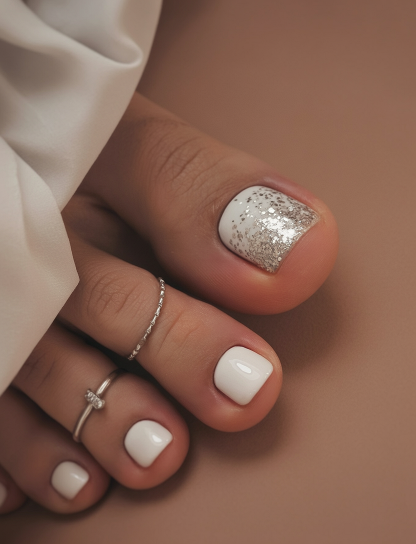 summer toe nails colors 2026 Milky White Pedicure With Silver Glitter Fade