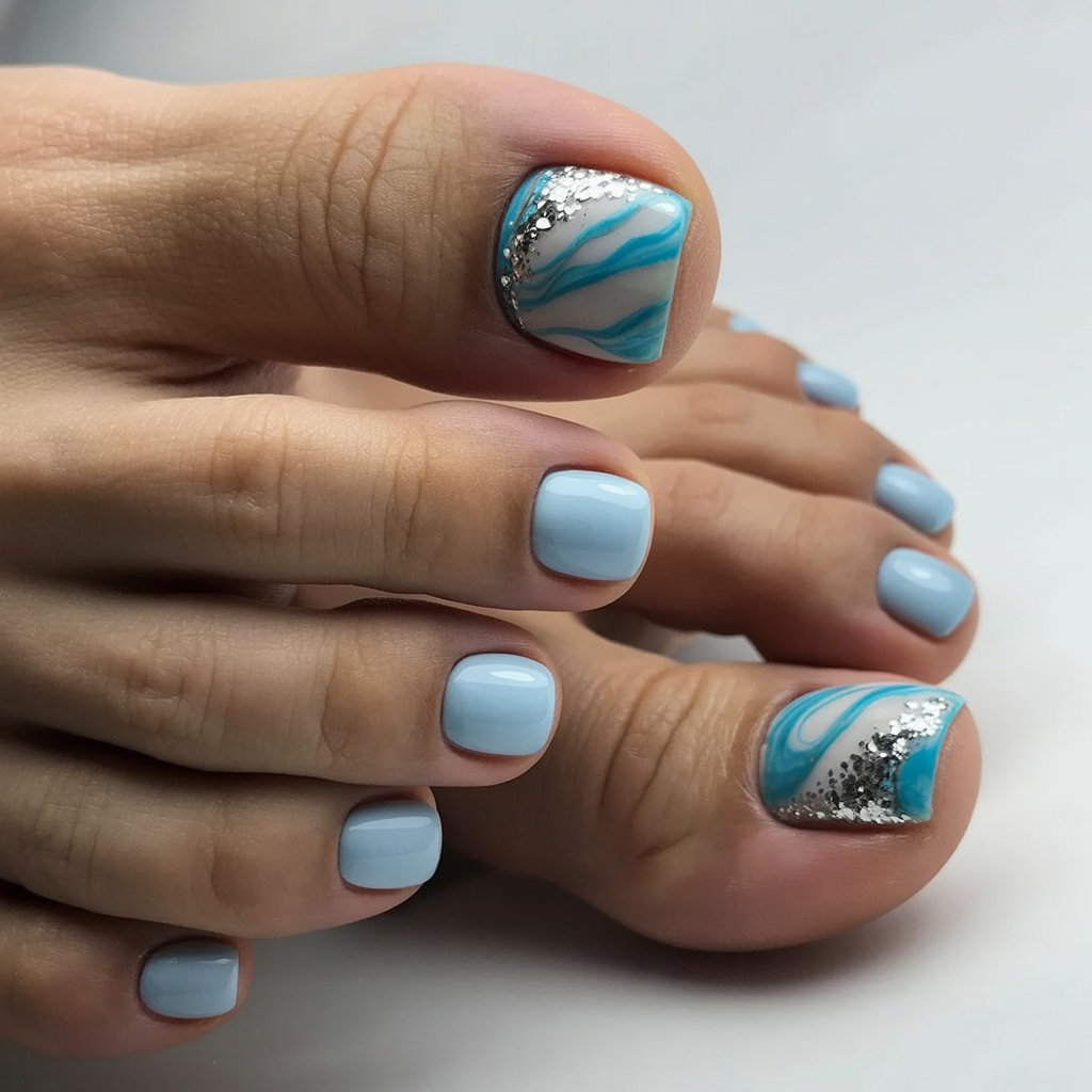 summer toe nails colors 2026 Soft Sky Blue Swirls With Ocean Inspired Details