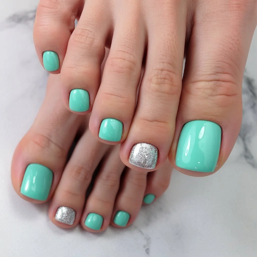 summer toe nails ideas 2026 Mint Green Toe Nails With Silver Accent Sparkle