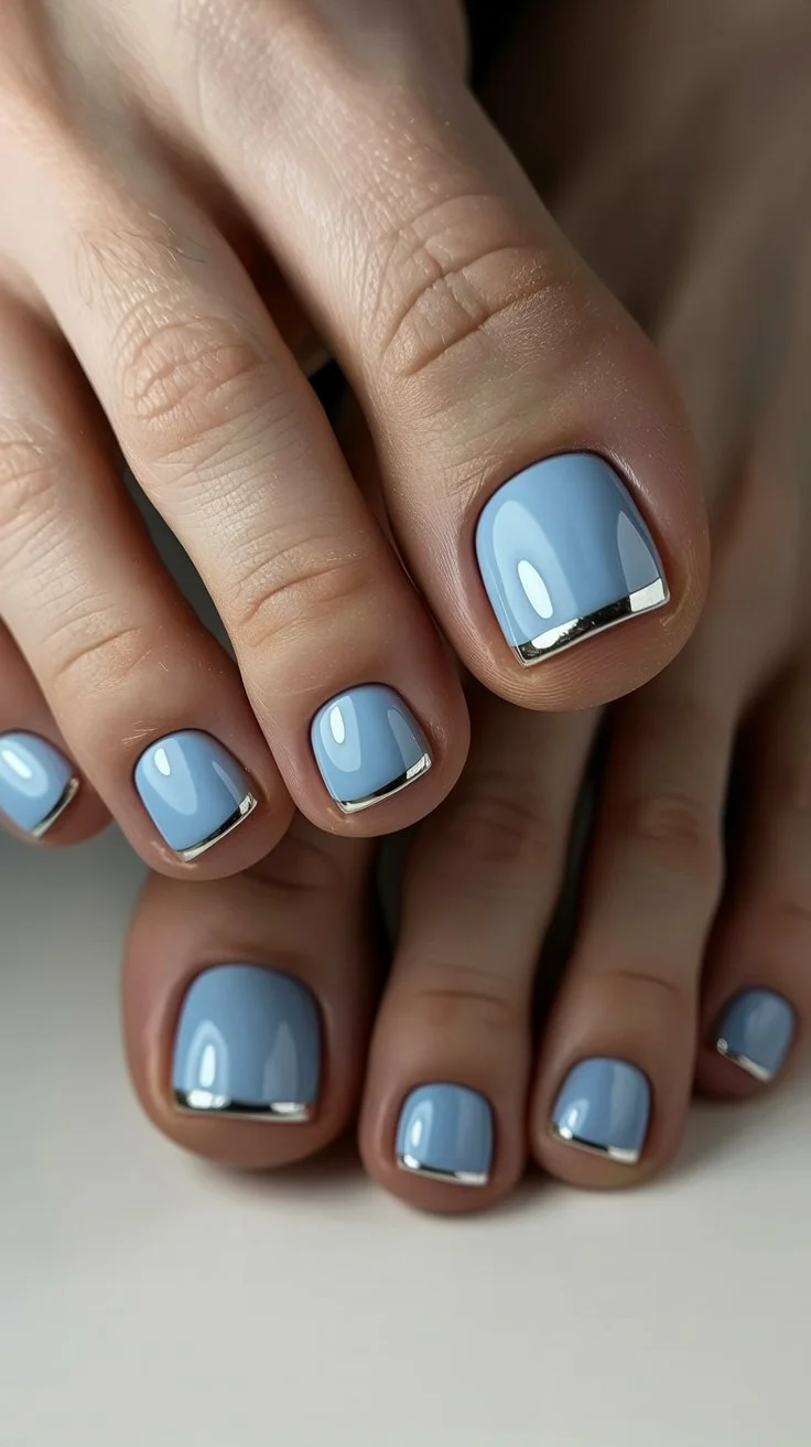 summer toe nails ideas 2026 Baby Blue Chrome French Toe Nails