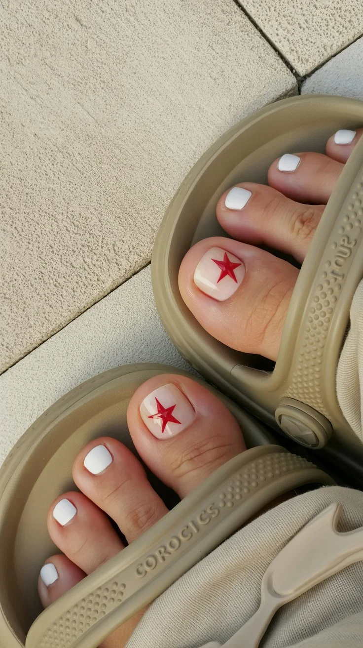 summer toe nails ideas 2026 White Toe Nails With Tiny Red Star Art