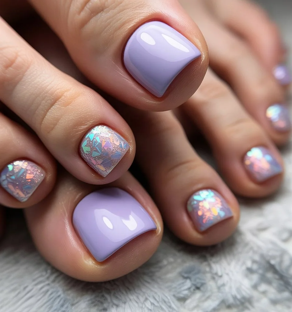 summer toe nails ideas 2026 Lavender Iridescent Toe Nails With Soft Glitter Texture