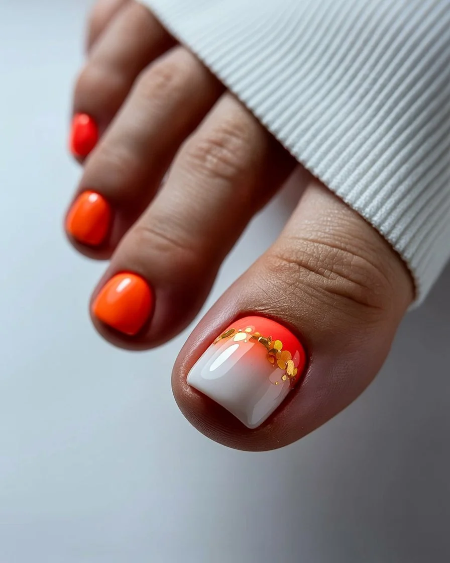 summer toe nails ideas 2026 Hot Orange Ombre Toe Nails With Gold Sparkle