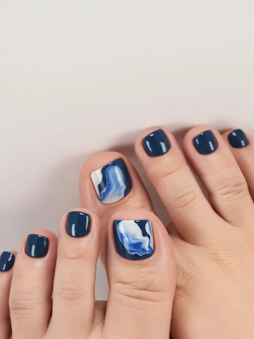 summer toe nails ideas 2026 Deep Blue Marble Toe Nails With Ocean Swirl Art