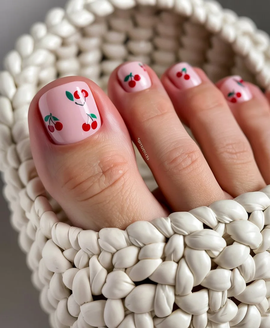 summer toe nails ideas 2026 Soft Pink Cherry Toe Nails With Playful Summer Mood