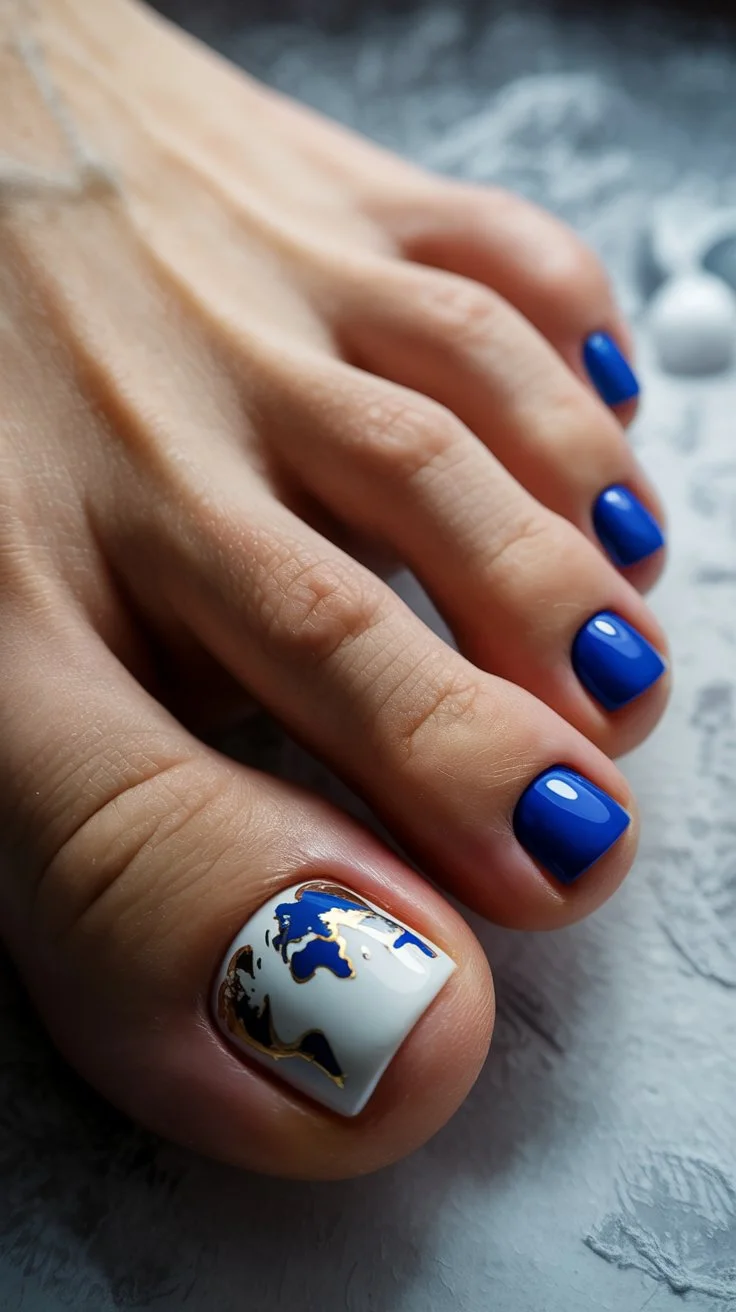 summer toe nails ideas 2026 Royal Blue Toe Nails With Abstract Gold Accent Art