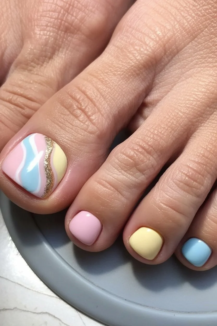 summer toe nails ideas 2026 Pastel Swirl Toe Nails With Soft Retro Energy