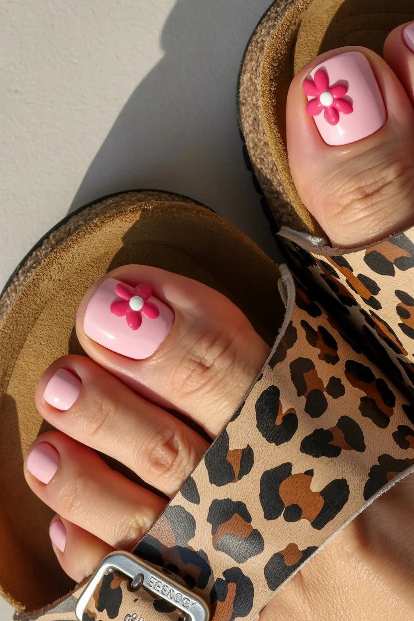 summer toe nails ideas 2026 Soft Pink Flower Toe Nails With Playful Retro Charm