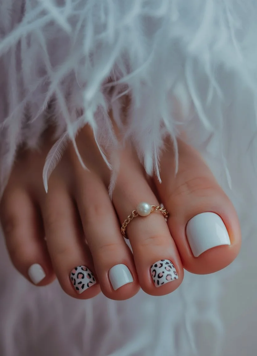 summer toe nails ideas 2026 White Leopard Accent Toe Nails With Elegant Edge