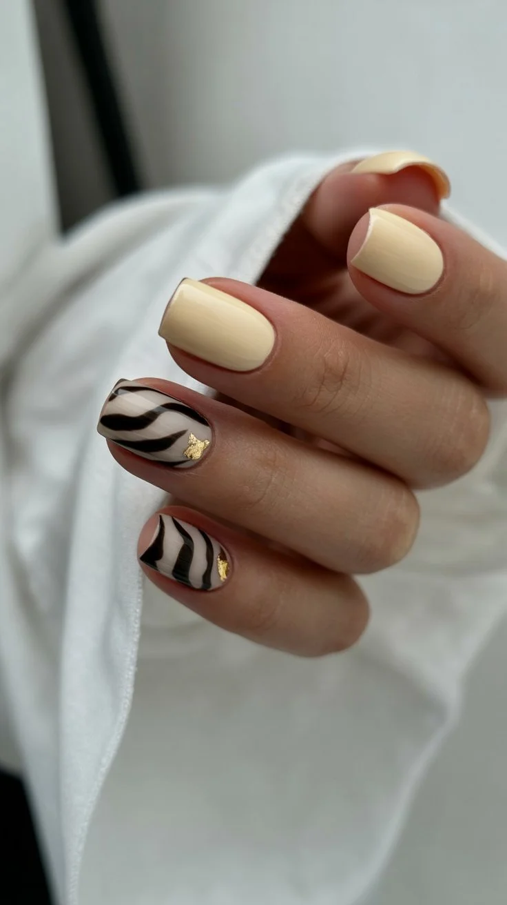Summer yellow nails 2026 Minimal Zebra Waves With Creamy Summer Tones