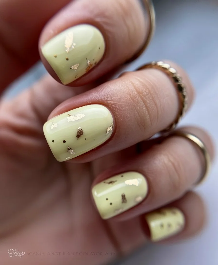 Summer yellow nails 2026 Muted Pistachio Yellow With Gold Fleck Charm