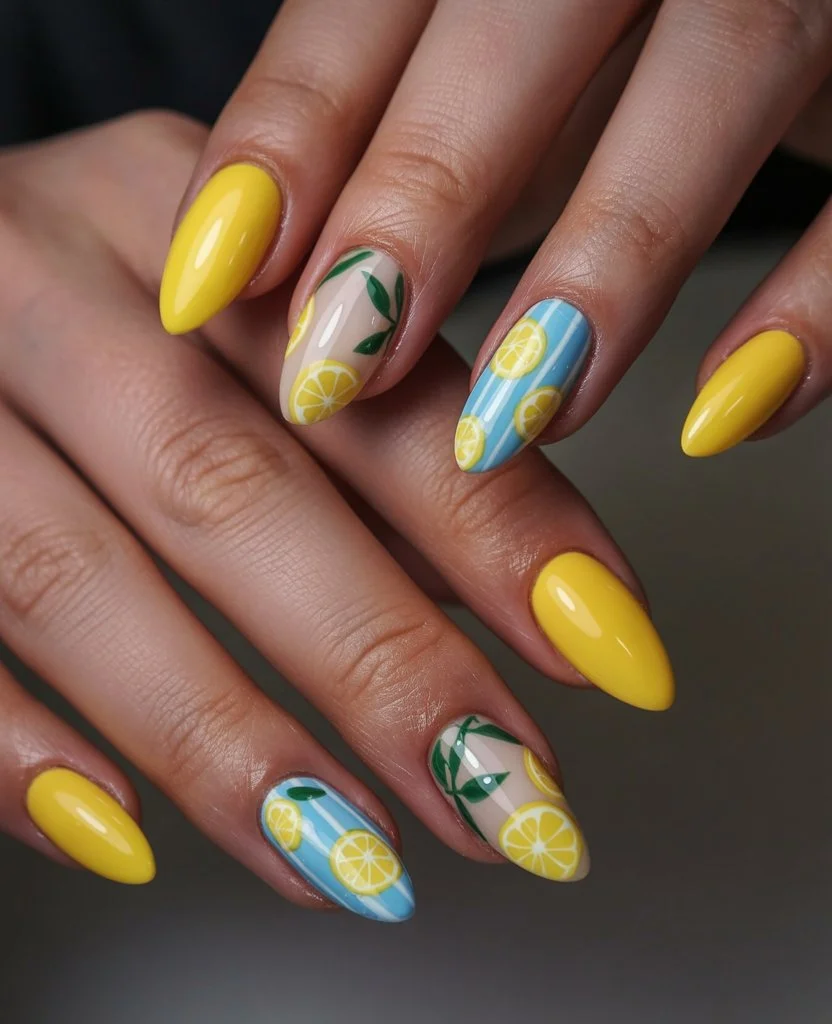 Summer yellow nails 2026 Lemonade Picnic Nails With Fresh Citrus Details