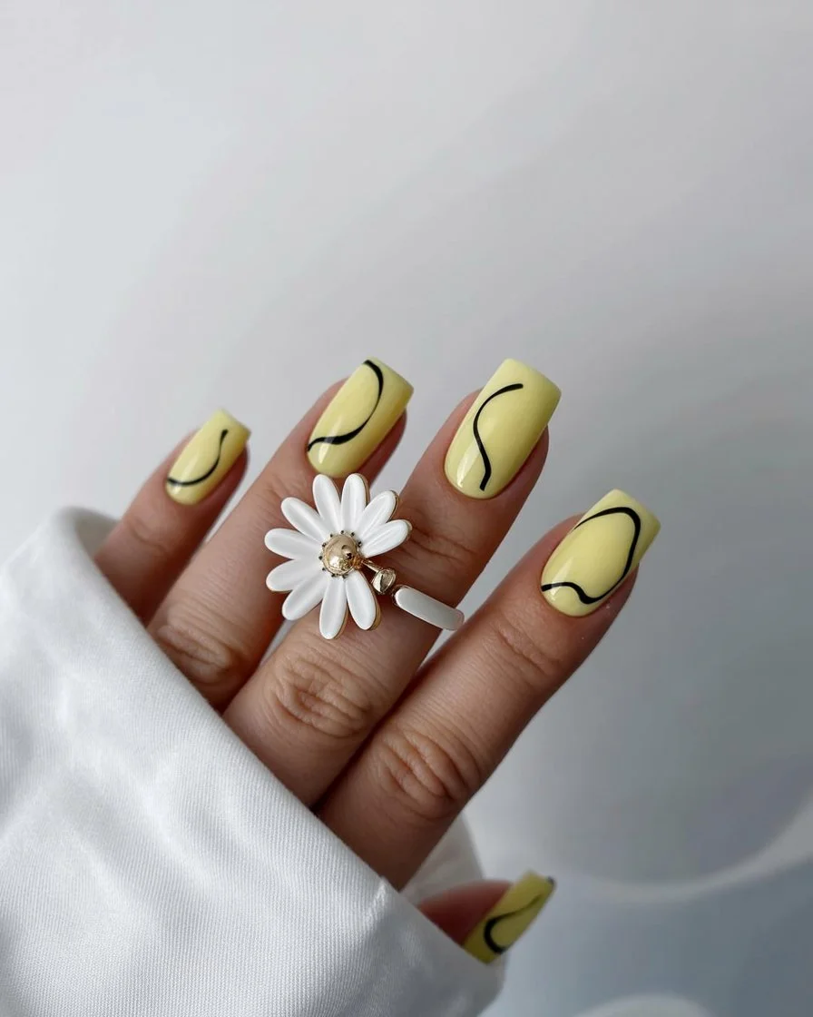 Summer yellow nails 2026 Minimal Butter Yellow With Graphic Line Art