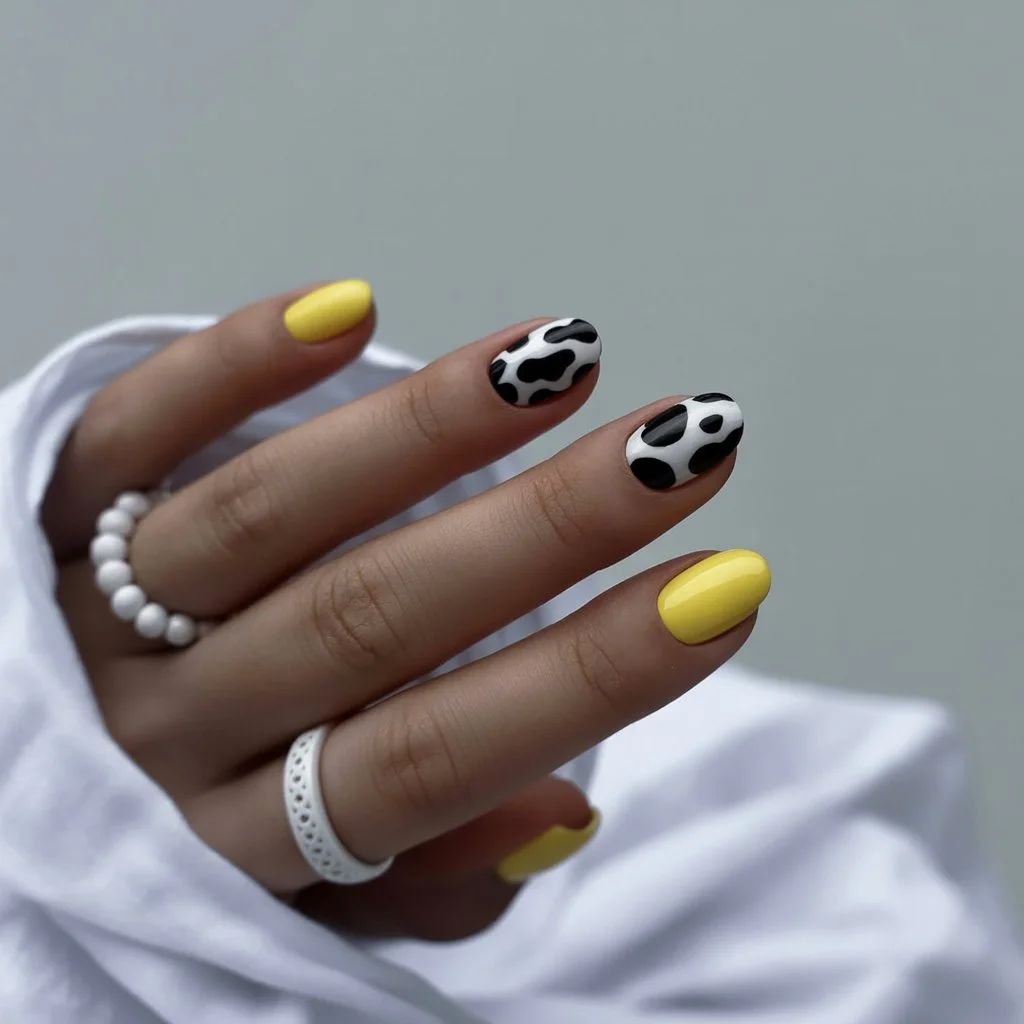 Summer yellow nails 2026 Playful Cow Print Meets Sunshine Mood