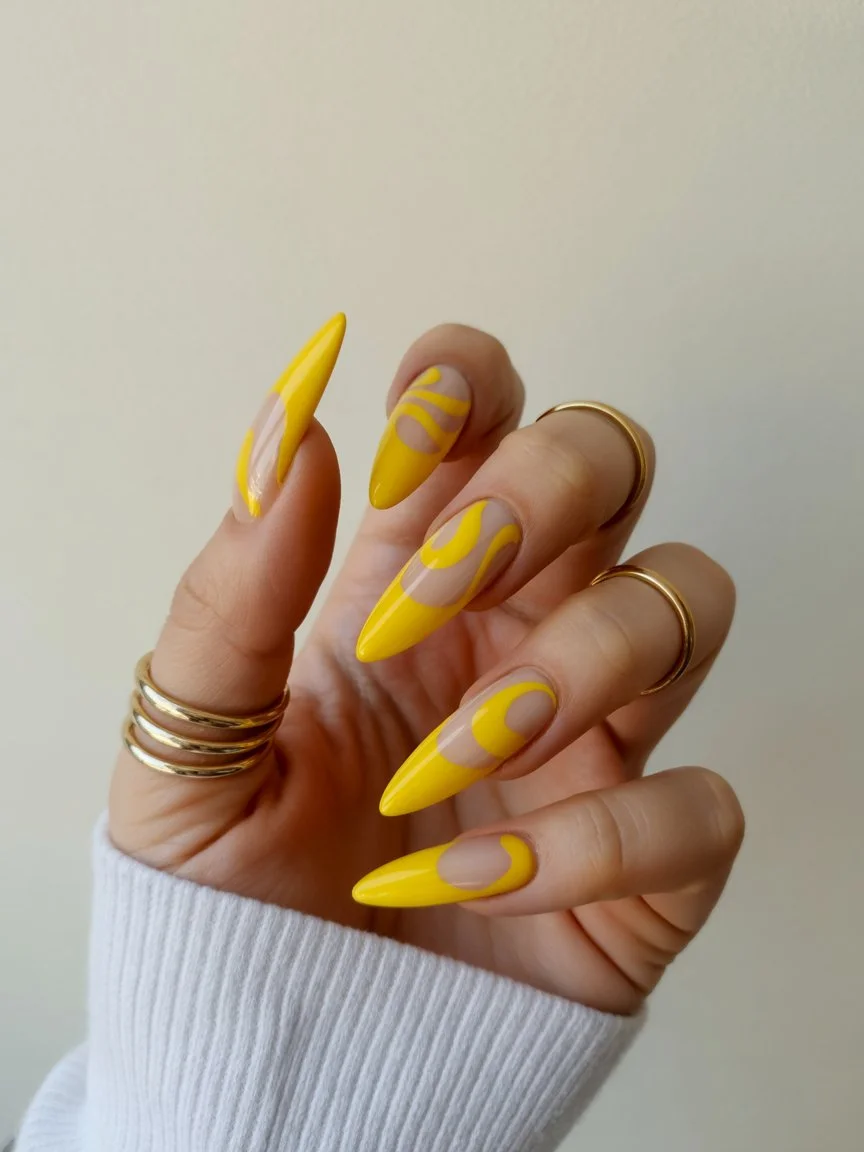 Summer yellow nails 2026 Graphic Yellow Waves With Modern Almond Drama