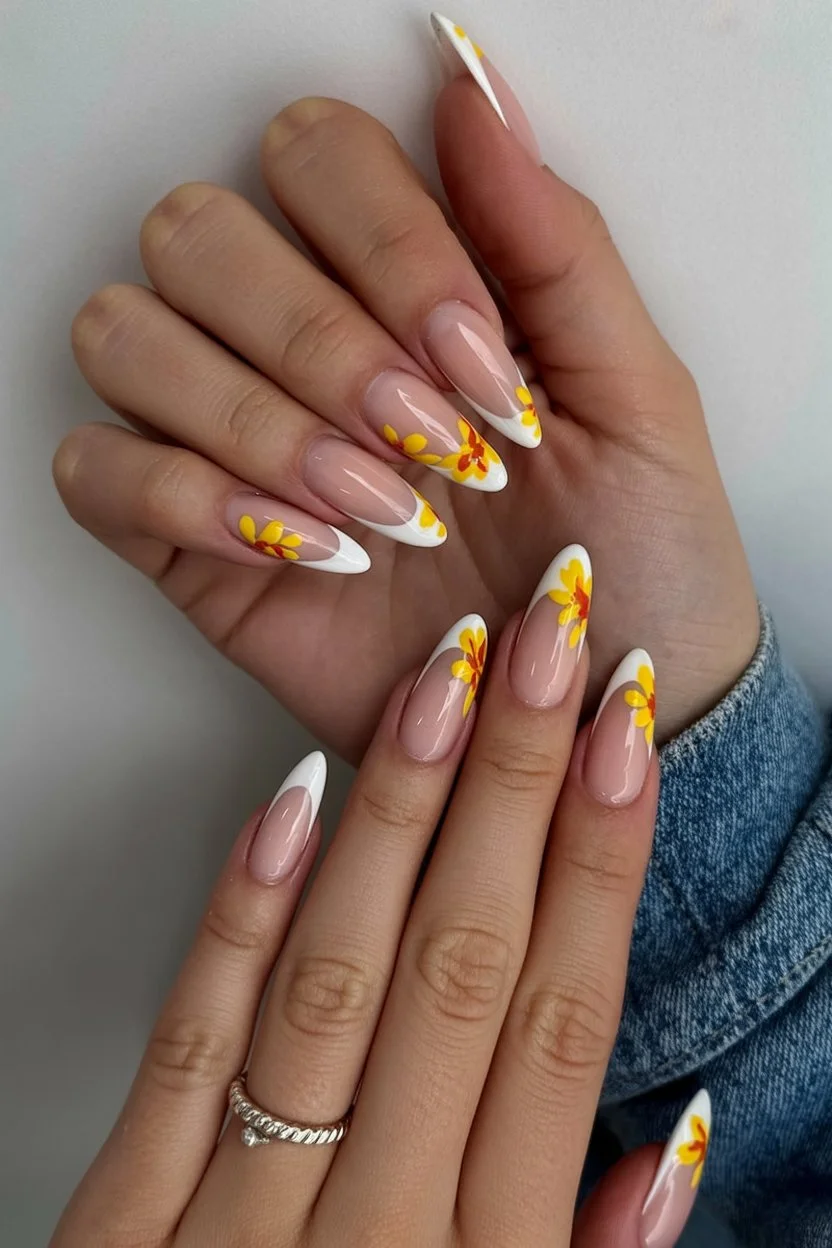 Summer yellow nails 2026 Floral French Tips With Sunshine Charm