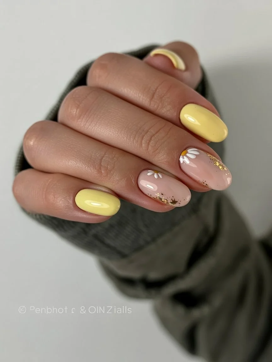 Summer yellow nails 2026 Soft Daisy Details With Golden Summer Sparkle