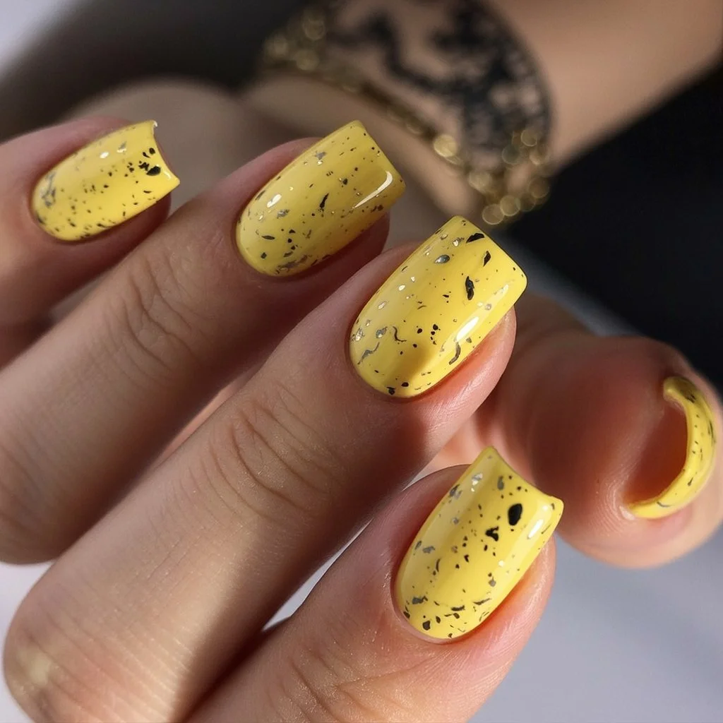 Summer yellow nails 2026 Soft Butter Yellow With Ink Splash Attitude