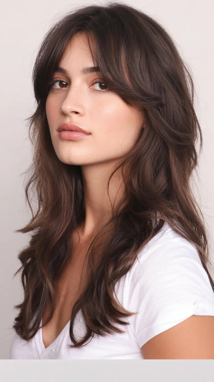 textured summer shag hairstyle 2026 Soft layered brunette shag with airy movement