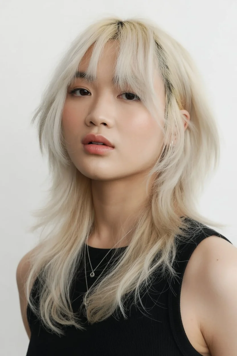 textured summer shag hairstyle 2026 Platinum layered shag with sharp contrast and soft fringe