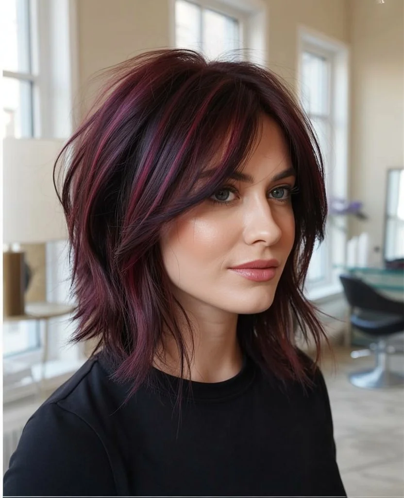 textured summer shag hairstyle 2026 Deep burgundy shag with layered texture and bold dimension