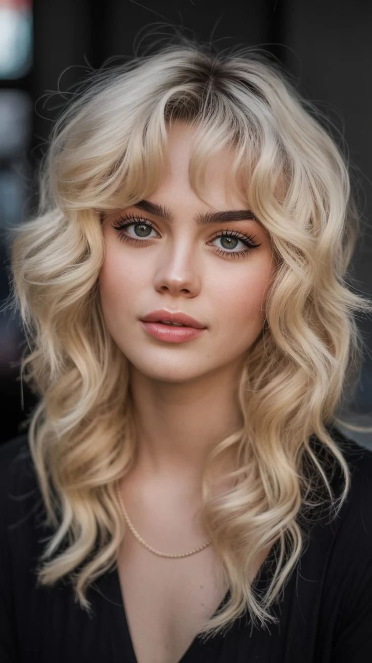 textured summer shag hairstyle 2026 Soft glam blonde shag with voluminous waves and airy fringe