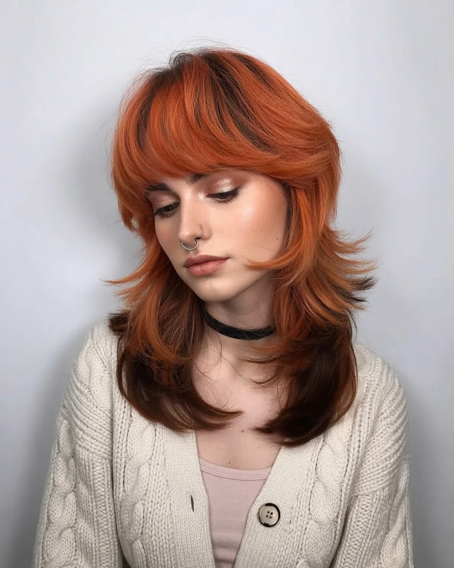 textured summer shag hairstyle 2026 Fiery copper shag with bold layers and retro attitude